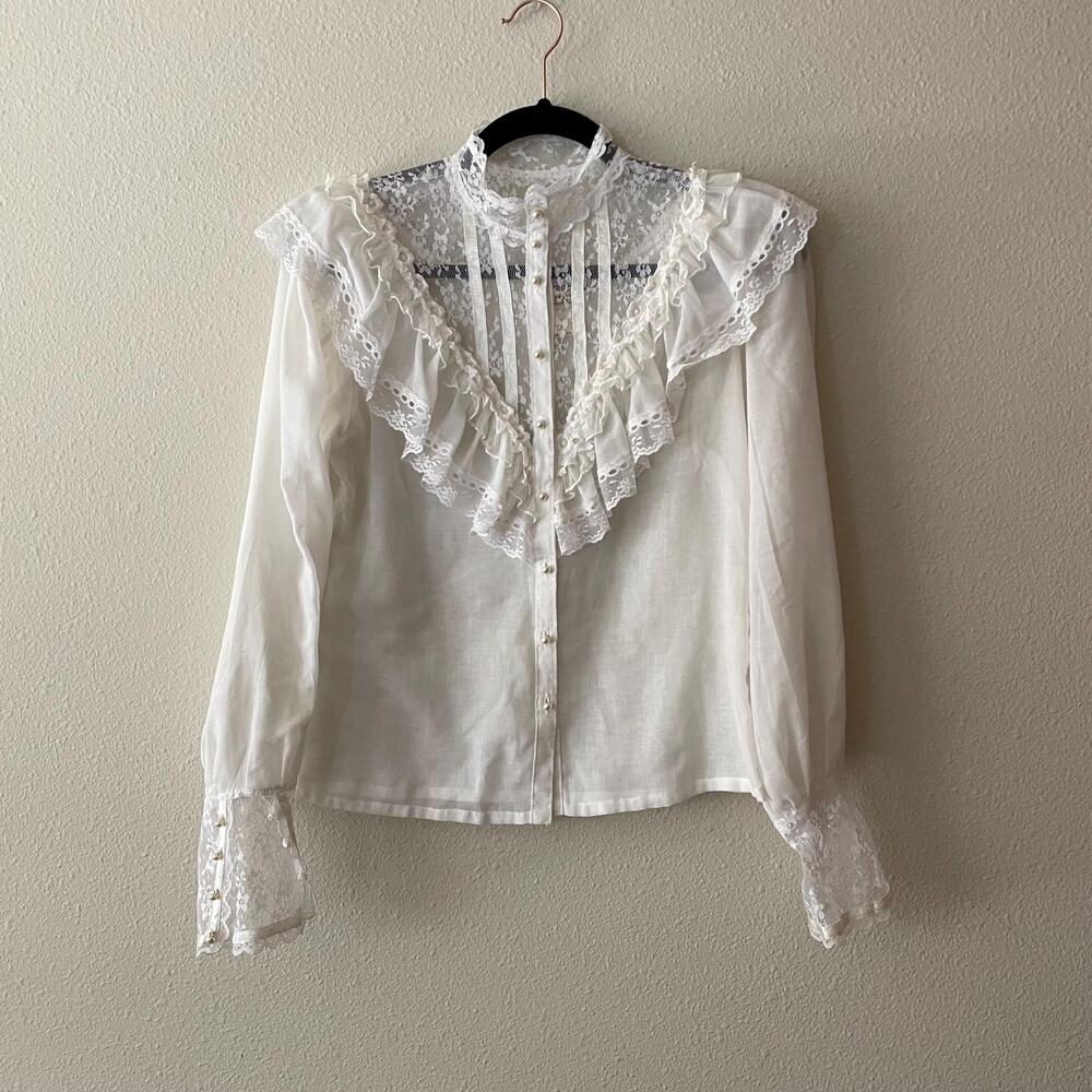 70s Gunne Sax Edwardian Lace Ruffle Blouse Victorian White Top 1970s size small